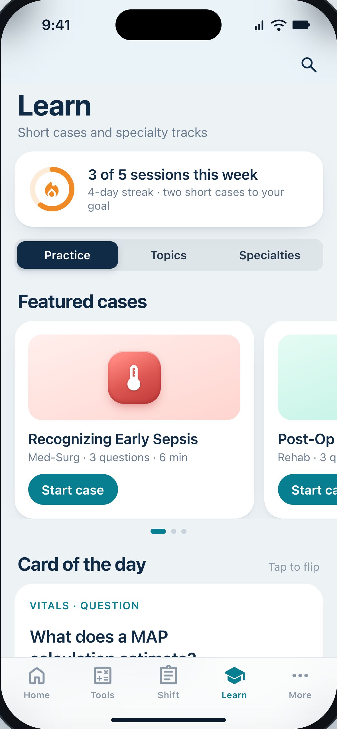 NurseTools Learn tab with a weekly goal, featured practice cases and a flashcard