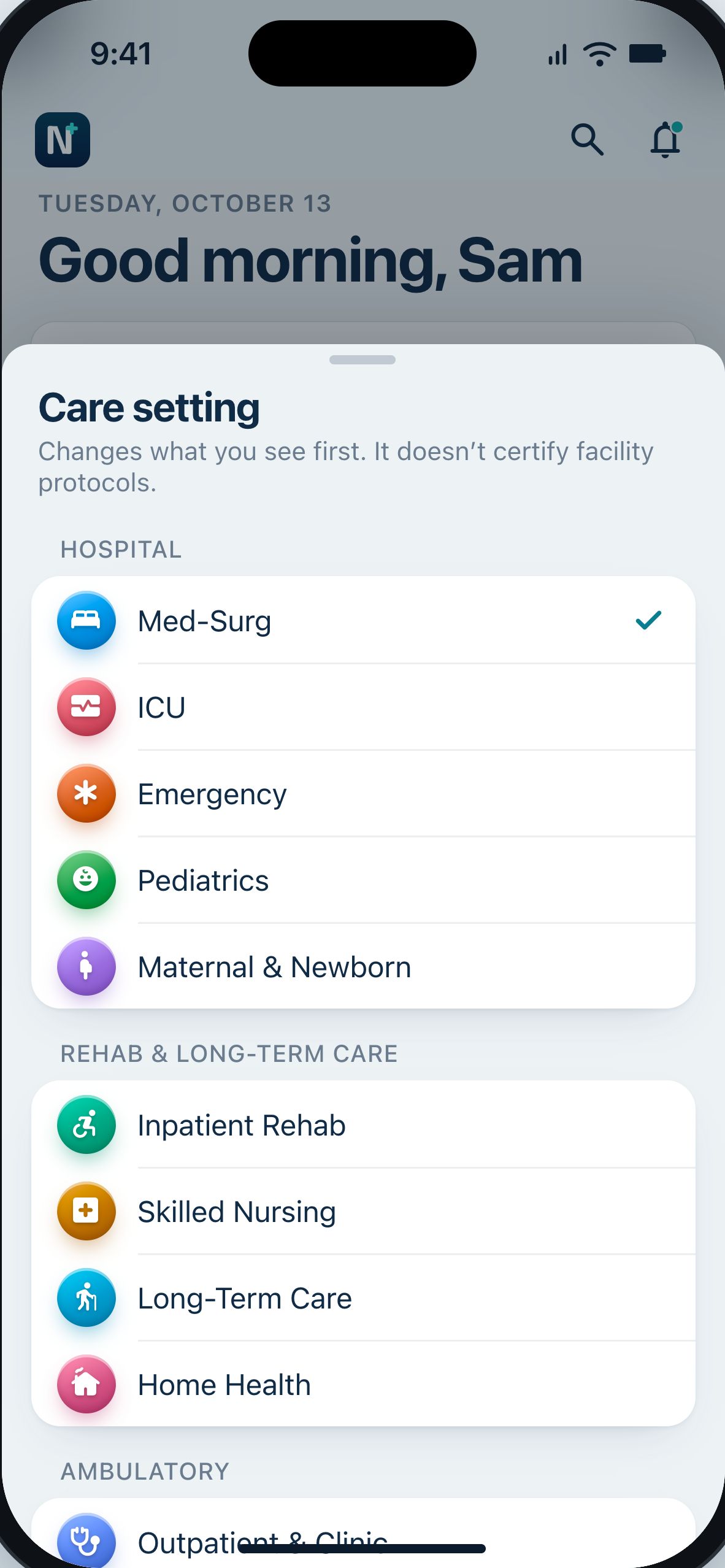 NurseTools care setting picker listing hospital, rehab and ambulatory settings