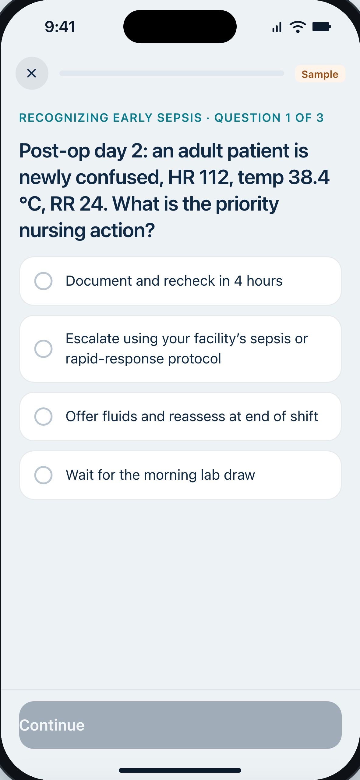 NurseTools practice case question about recognizing early sepsis