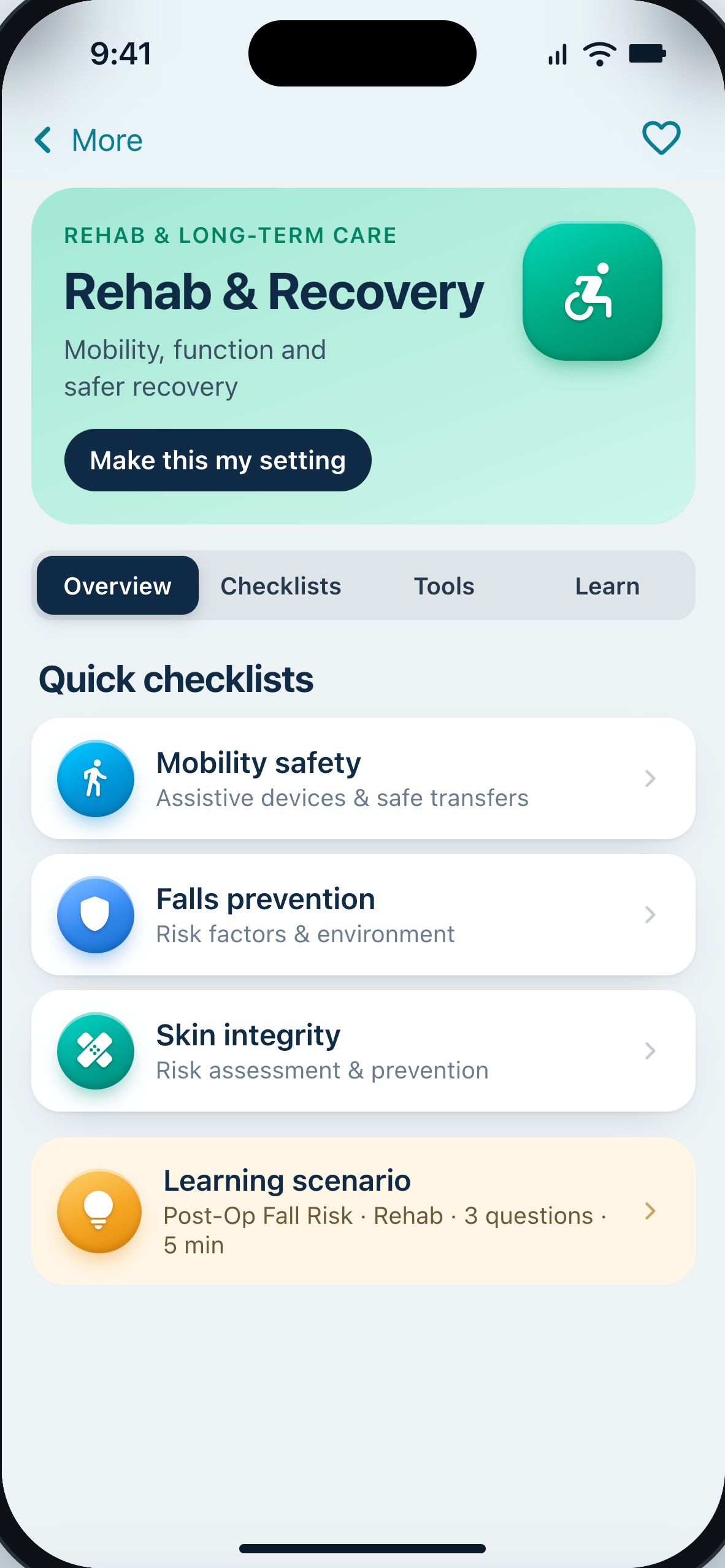 NurseTools Rehab and Recovery hub with checklists