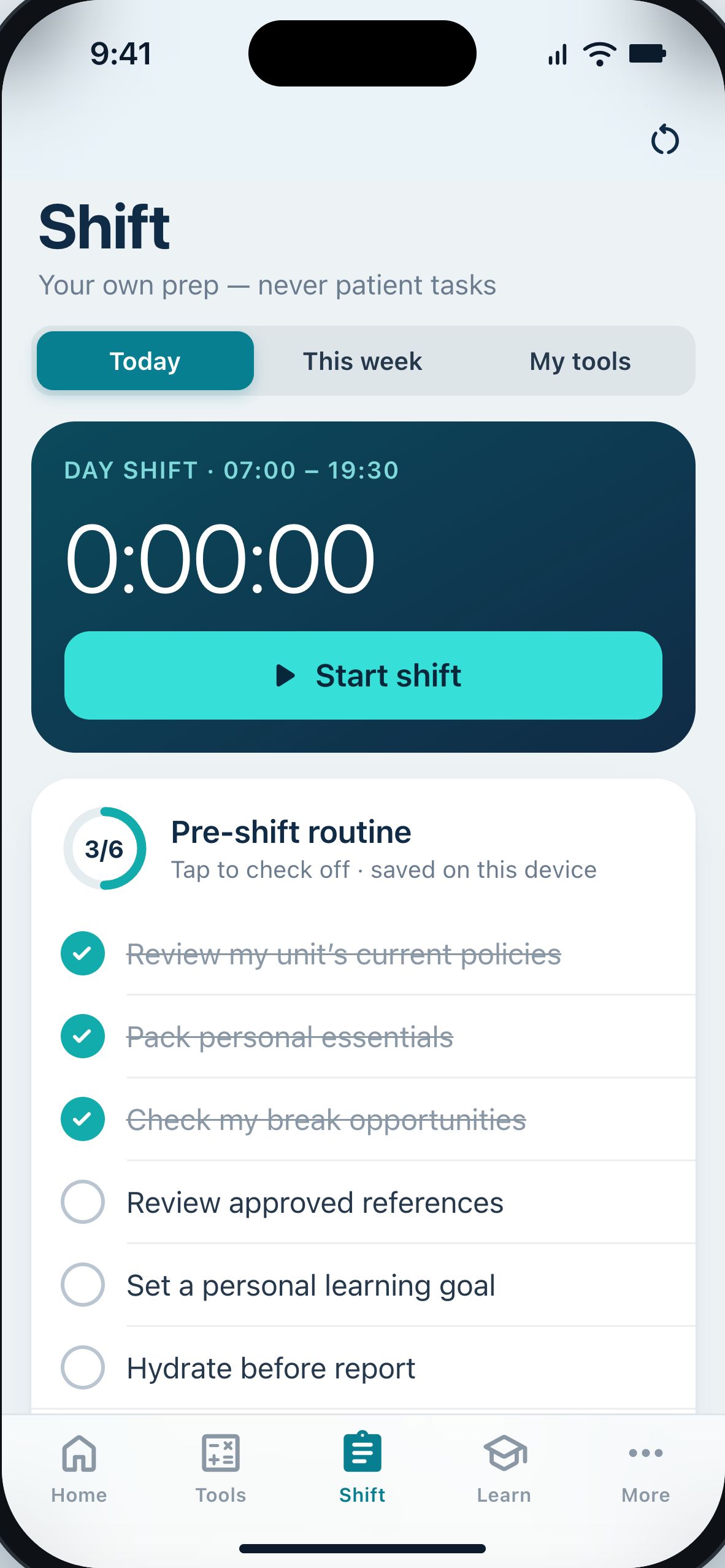 NurseTools Shift screen with timer and pre-shift checklist